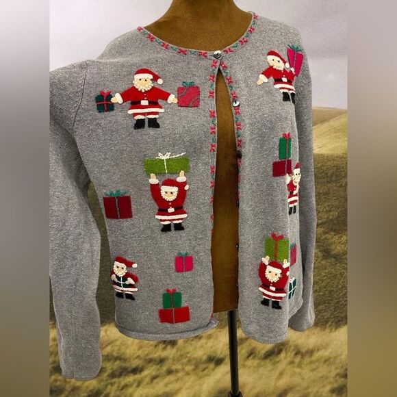Novelty Christmas Santa Holiday Retro Embroidered Cardigan Jacket - Picture 2 of 10